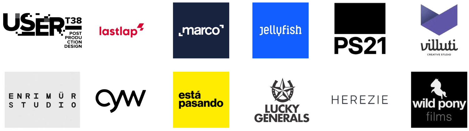 Logos of agencies and production houses I've collaborated with across Spain, Italy, France, the UK, the US and Mexico