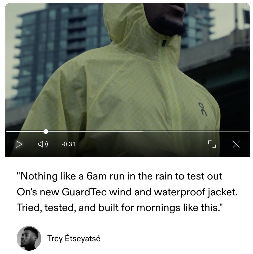 On GuardTec jacket PDP, creator endorsement module with Trey Étseyatsé video and quote 'Tried, tested, and built for mornings like this'