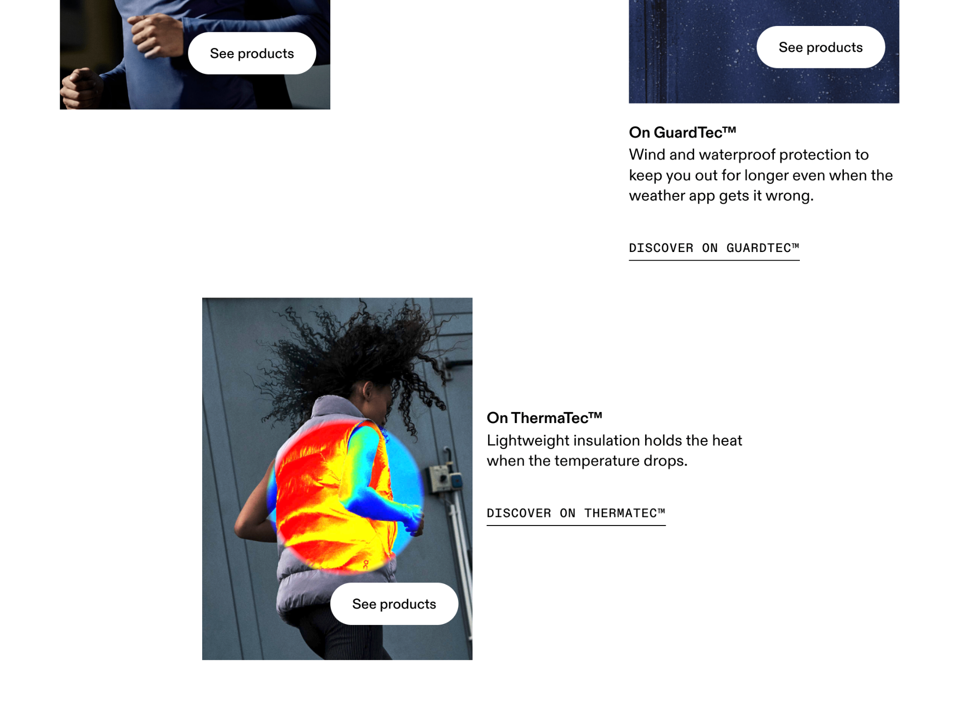 On FW25 Outerwear and Apparel Tech, interactive tech module on the Cold Weather Collection page explaining On GuardTec and On ThermaTec with shop entry points