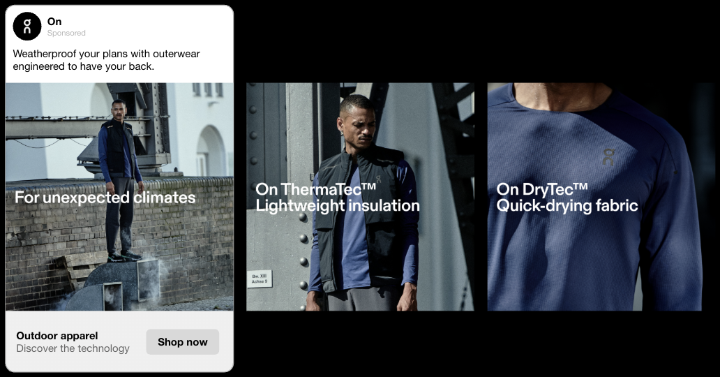 On FW25 Outerwear and Apparel Tech, Paid Social carousel pairing On ThermaTec lightweight insulation and On DryTec quick-drying fabric outerwear creative