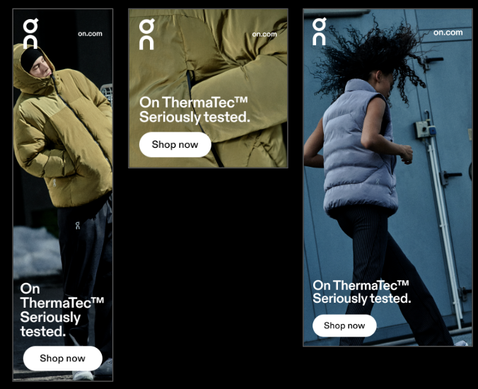 On FW25 Outerwear and Apparel Tech, Display banner suite for On ThermaTec Seriously Tested across vertical and square placements