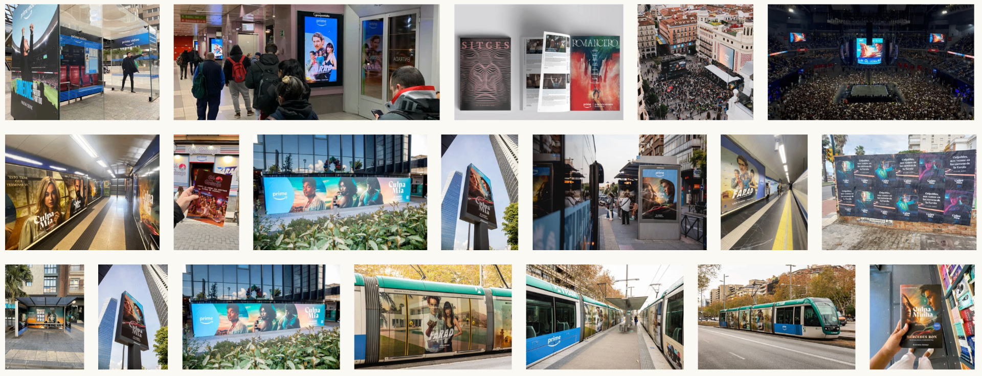 OOH and experiential activations across Madrid and Barcelona, metro corridors, train and tram wraps, billboards, building wraps in Plaza de Callao, festival sponsorship at Sitges and event activations including the WiZink Center.